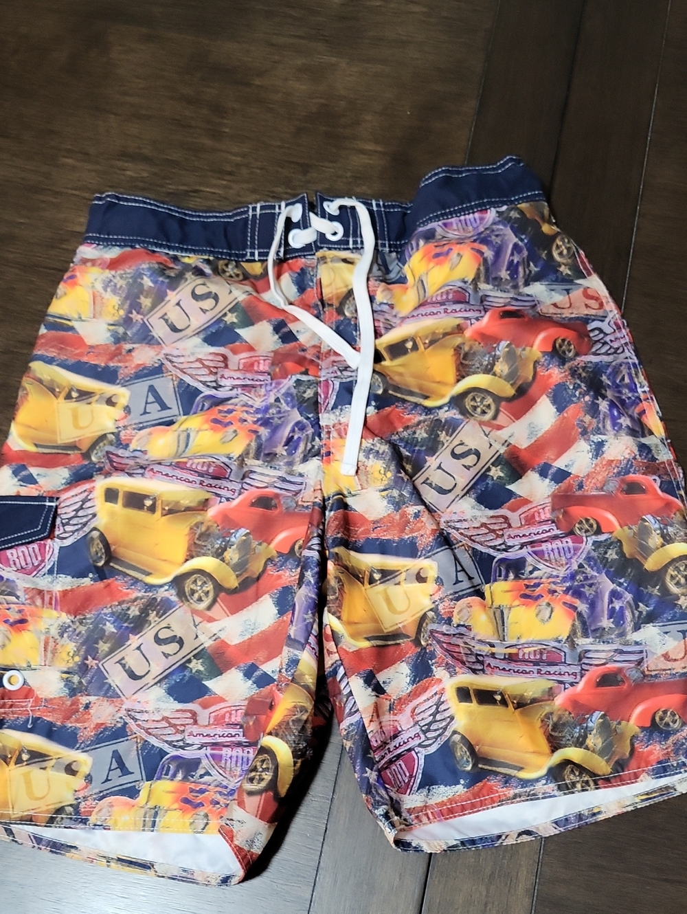 Bass Pro Shops Multicolor American Racing Print Swim Shorts with Navy Waistband
